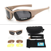 Simples Market 4-Lens tactical polarized goggles with tan frame; includes 6 extra lenses and carrying case.