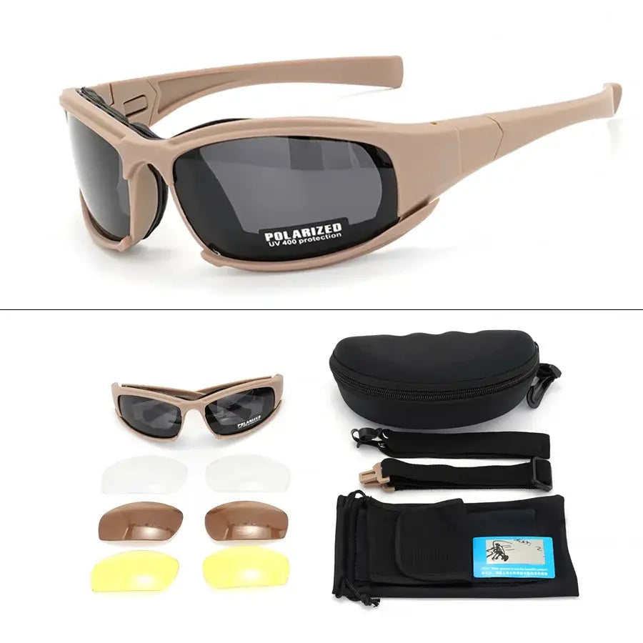 Simples Market 4-Lens tactical polarized goggles with tan frame; includes 6 extra lenses and carrying case.