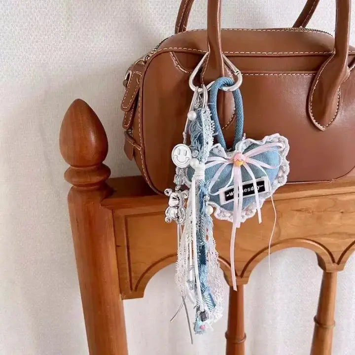 Y2K Harajuku shoulder bag, brown leather crossbody with decorative charm keychain