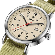 TPW field watch with beige dial, 24-hour scale, red second hand, date window, silver case and olive fabric strap