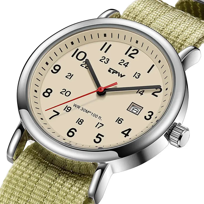 TPW field watch with beige dial, 24-hour scale, red second hand, date window, silver case and olive fabric strap