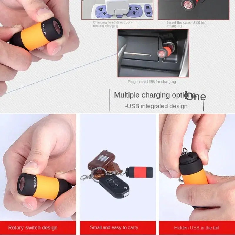 LED micro pocket flashlight by Simples Market; orange and black USB-rechargeable keychain light, compact and waterproof.