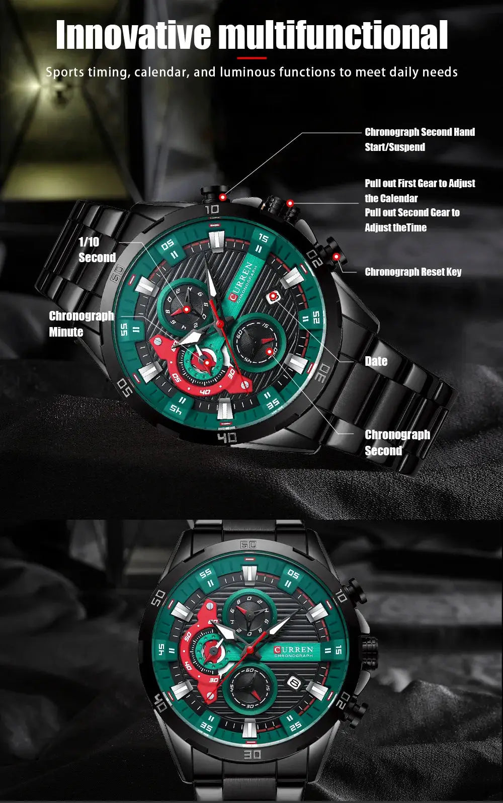 Curren 8402 men's stainless steel watch with green dial, chronograph, and luminous hands; shown in two angles
