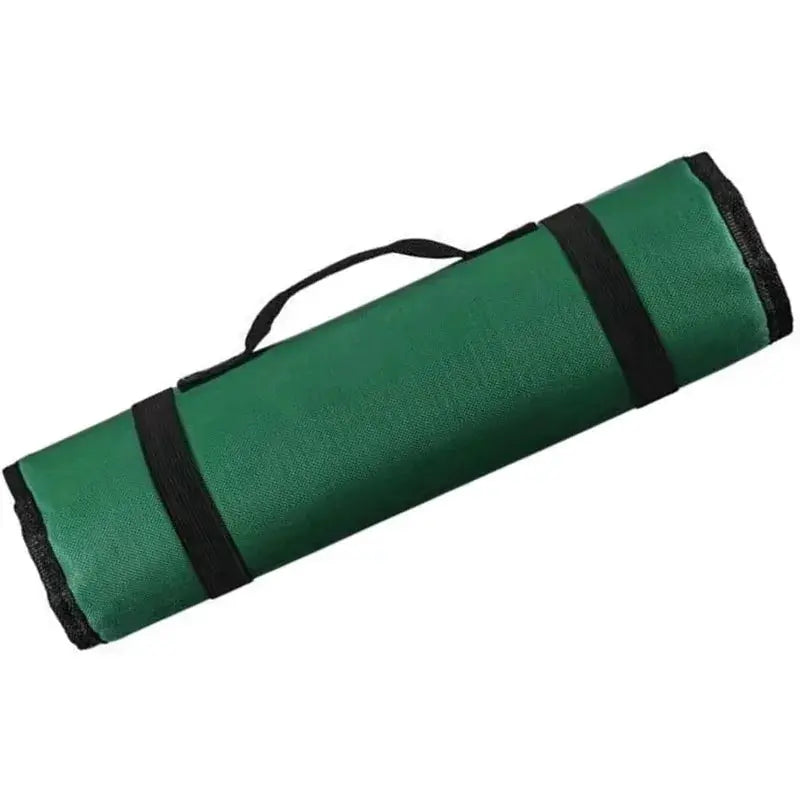Roll-up tool bag in green heavy-duty nylon with carry handle and black securing straps