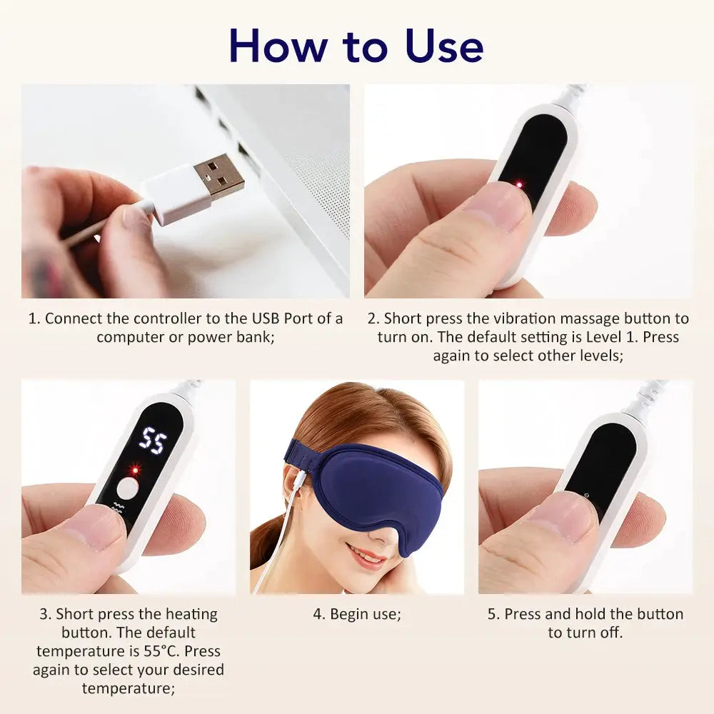 Electric steam eye mask from Simples Market with USB controller; 5-step usage infographic shows wear and settings.