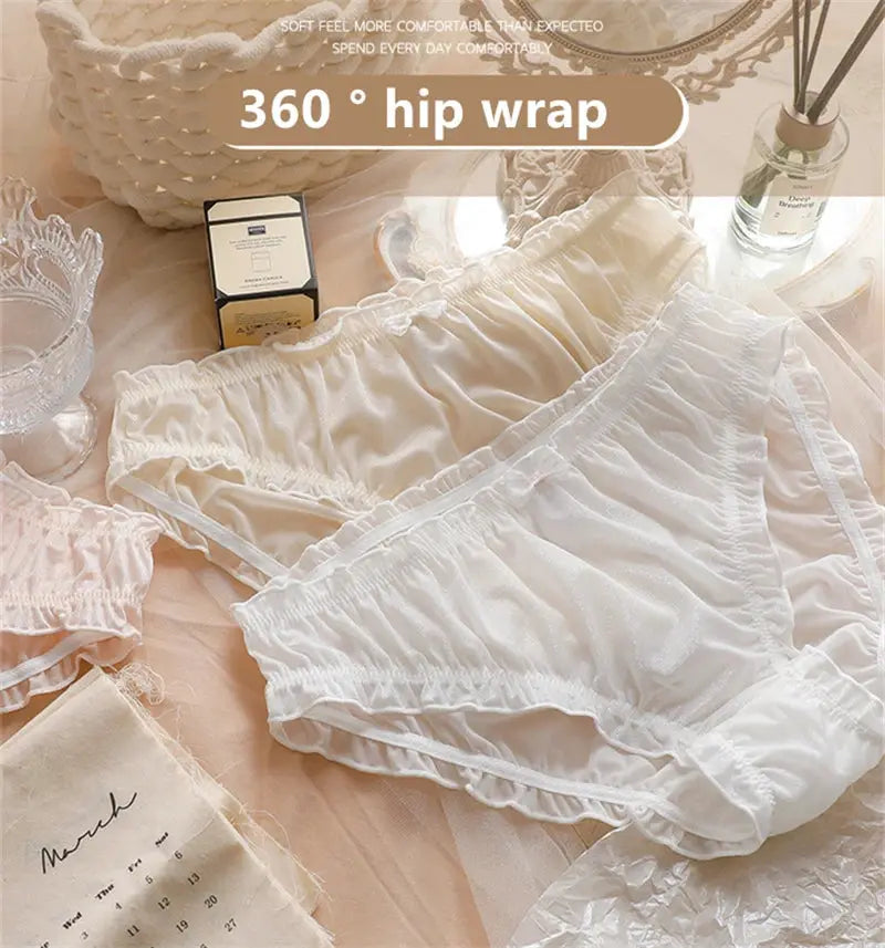 Women's large-size white ice-silk underwear, two-piece set with sheer panels and ruffled edges