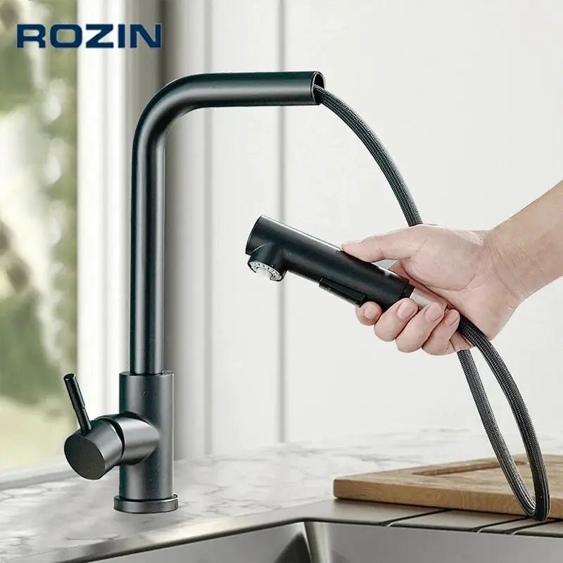 Rozin black pull-out kitchen faucet with flexible braided hose and 360° rotation