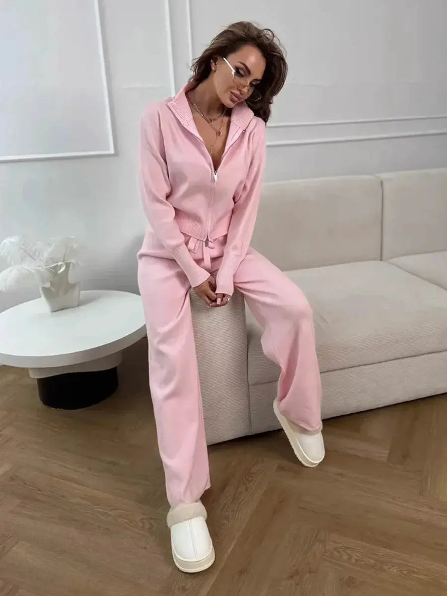 Bornladies Knit Zip Up Cropped Cardigan With Wide Leg Pants Set Women