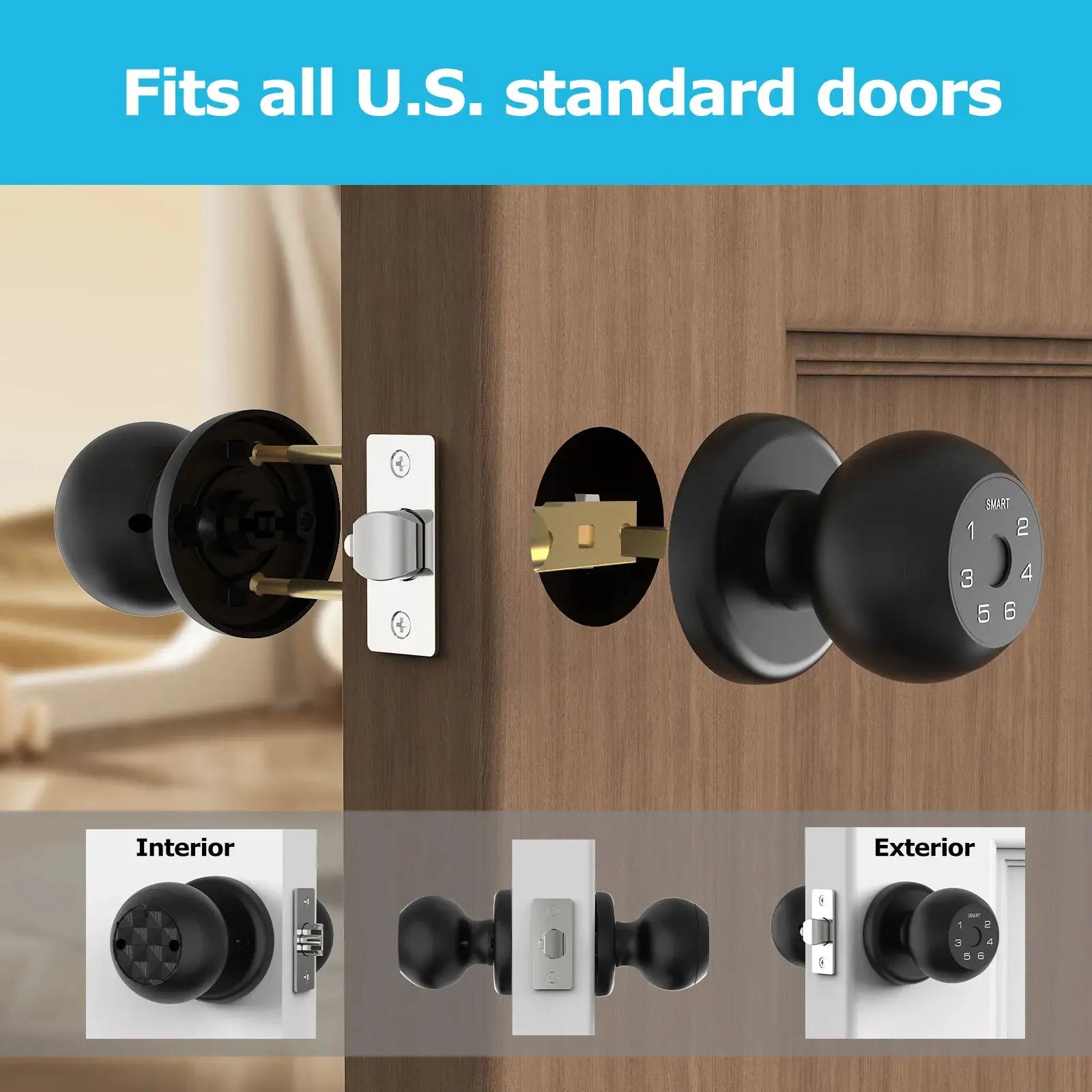 Viladepot ball-shaped smart lock with fingerprint reader and touchscreen keypad on a wood door; app-controlled interior/exterior hardware.