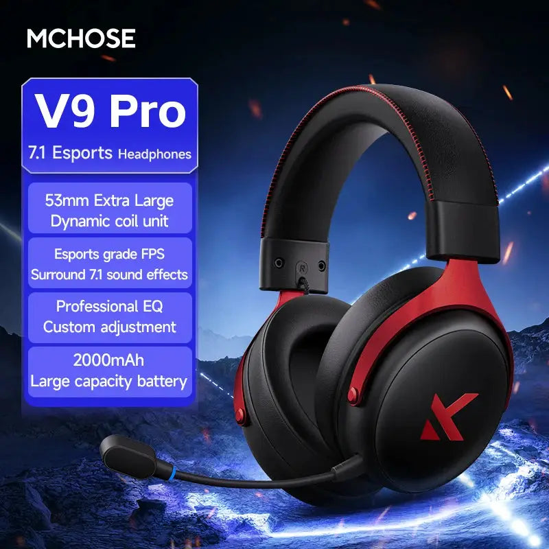 MCHOSE V9 Pro wireless gaming headset with red accents and boom mic, 7.1 surround sound.