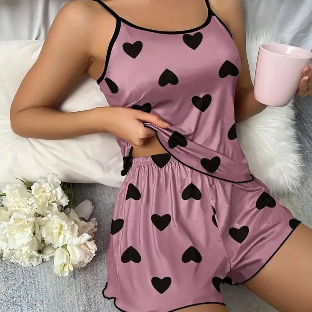DreamWeave Ice Silk T Shirt And Shorts Pajama Set For Women Pink Heart Print Cozy Summer Comfort