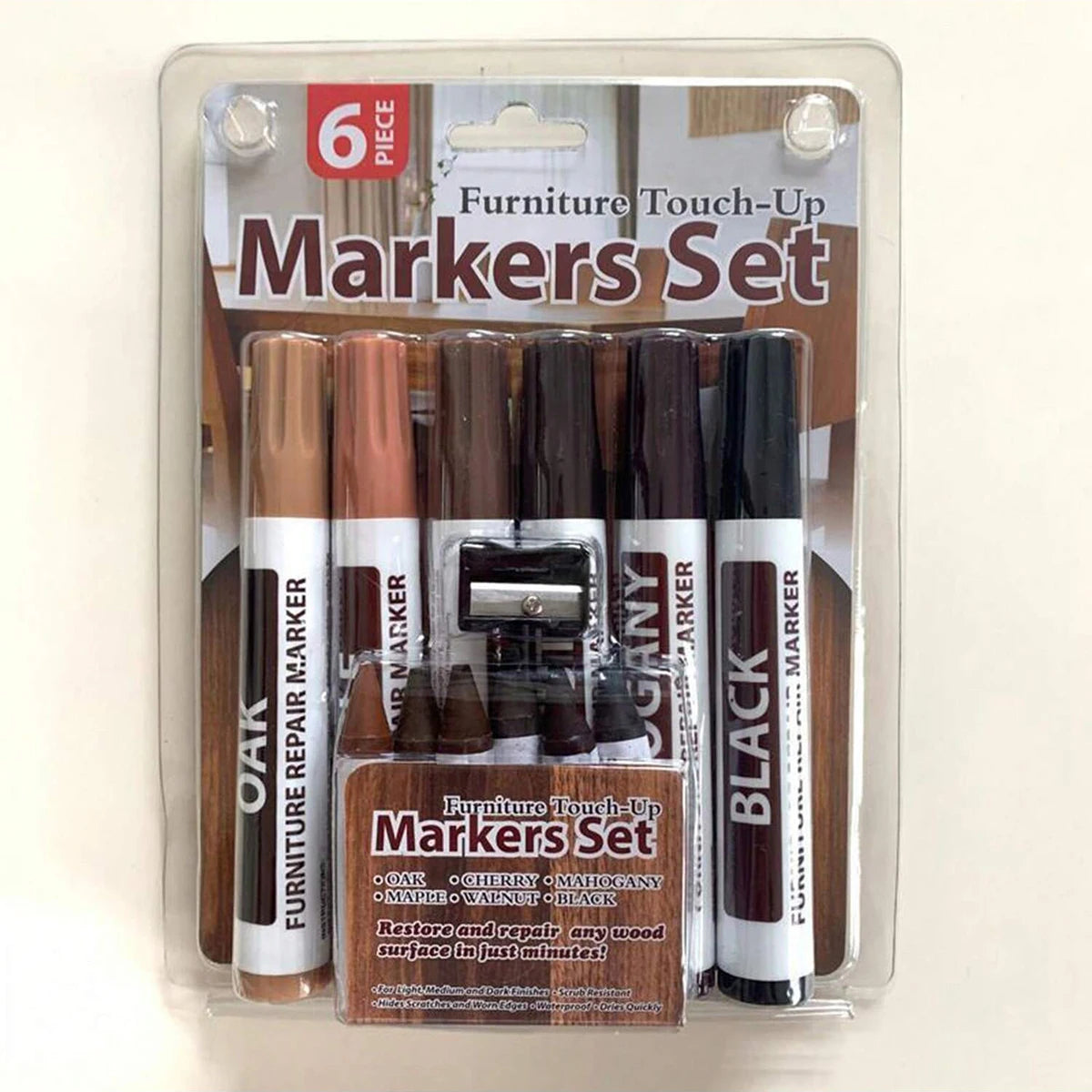 Simples Market 6-piece Furniture Touch-Up Markers Set with oak, cherry, mahogany, maple, walnut and black