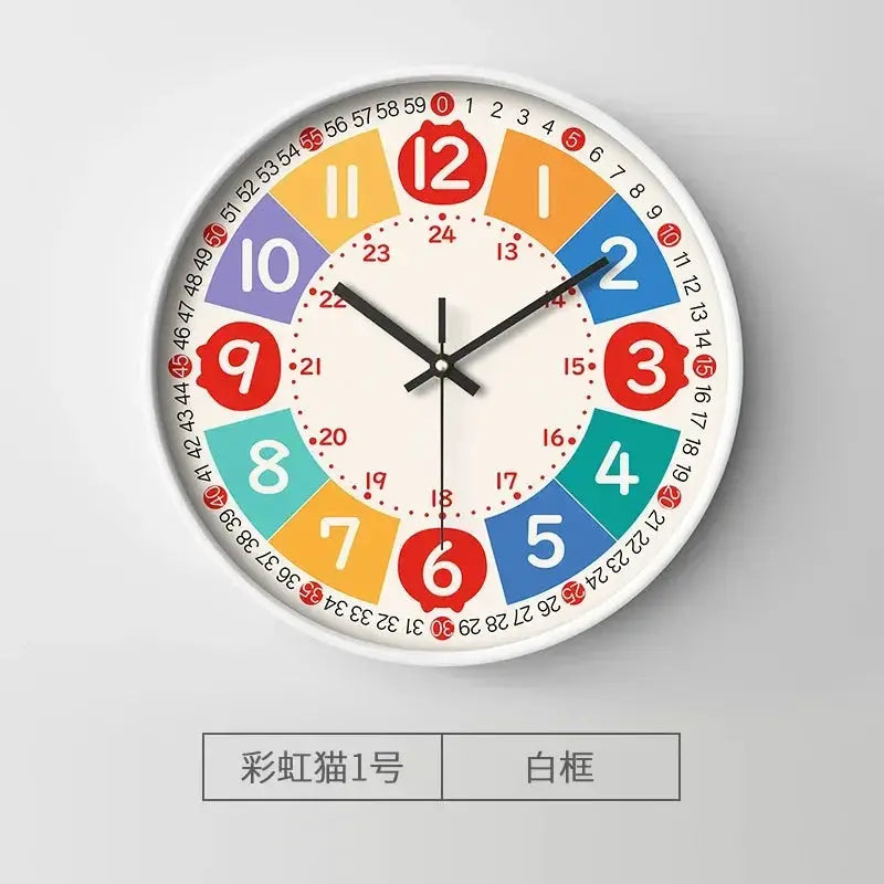 8-inch silent analog kids wall clock with colorful numbered segments and white frame
