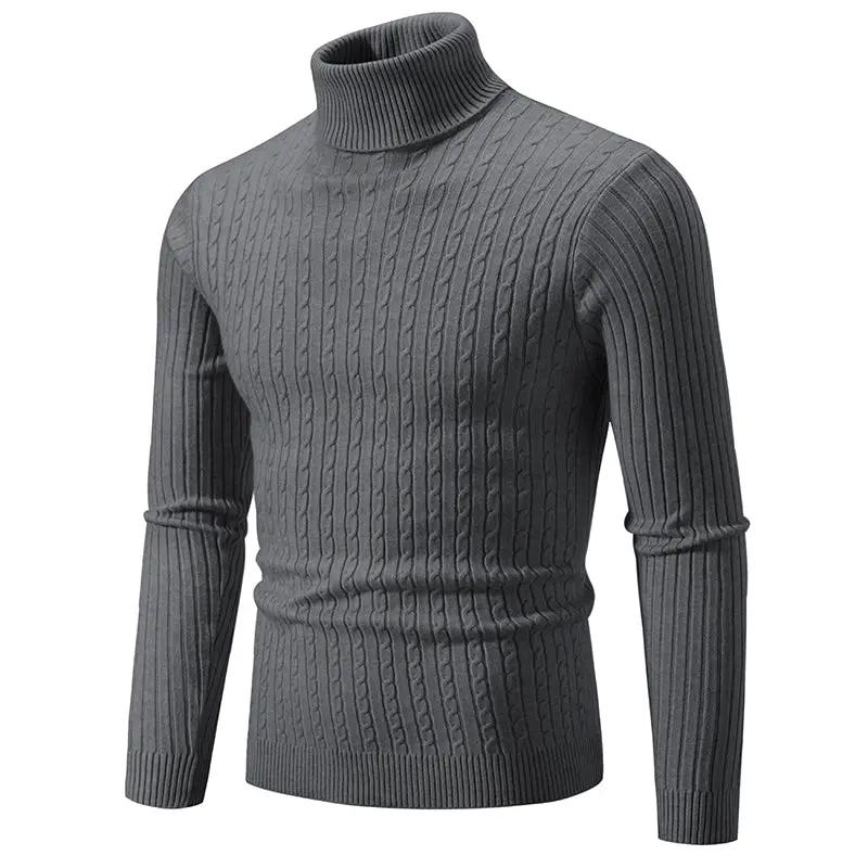 Men's gray cable-knit turtleneck sweater with ribbed cuffs