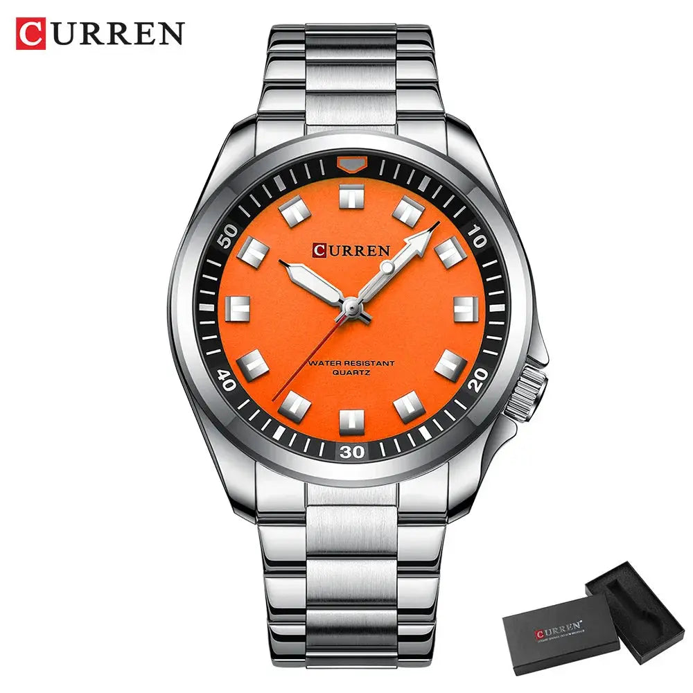 Curren men's stainless steel wristwatch with orange dial and black bezel; watch and presentation box (2-piece set)