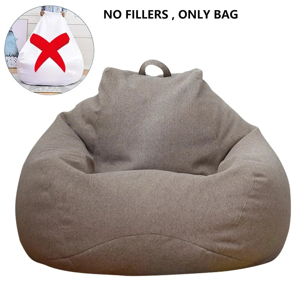Bean bag lounger in beige linen fabric, large size, no fillers for living room seating