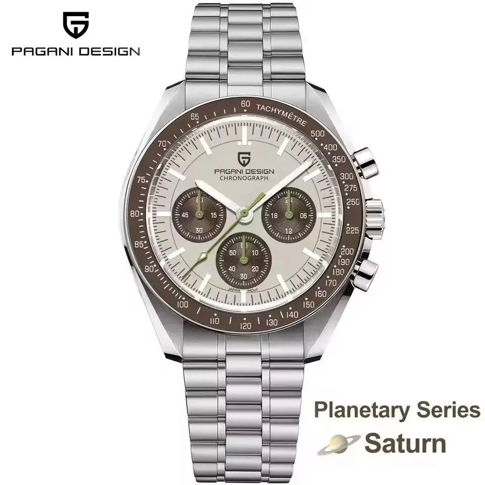 Pagani Design men's stainless steel chronograph watch with silver dial and brown tachymeter bezel on a steel bracelet