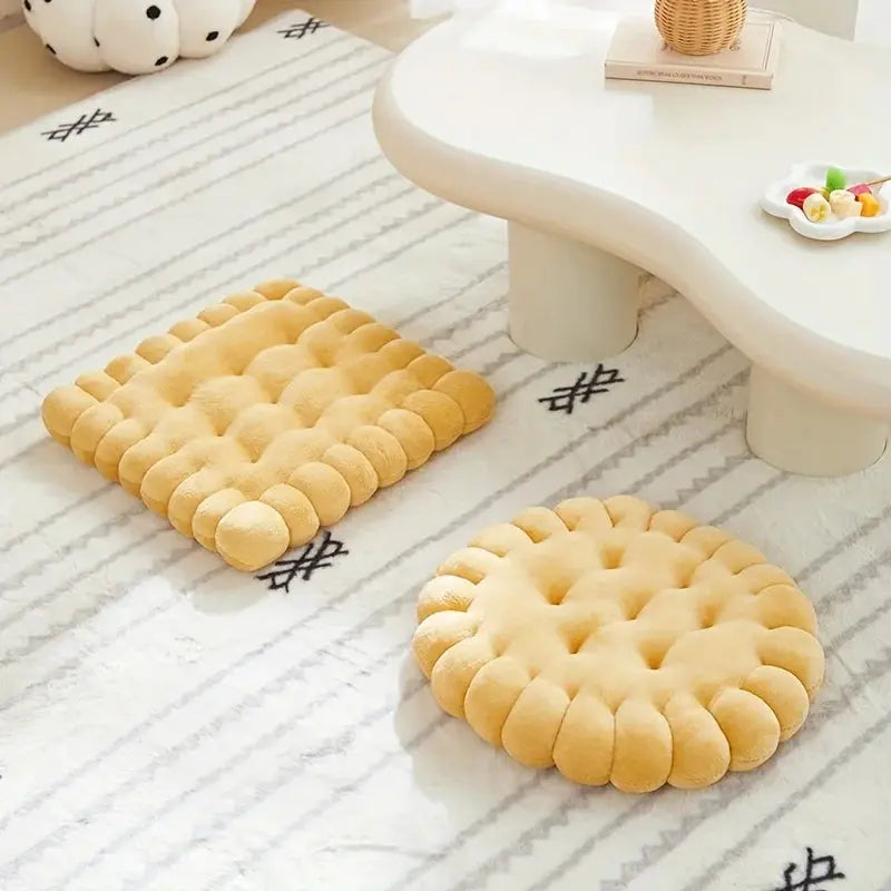 Large beige biscuit-shaped plush cushions, soft pillow chair seat pads, 2-pack