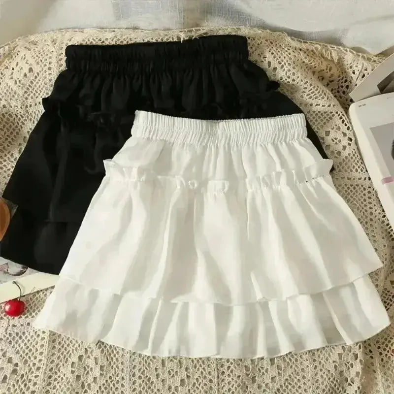 Simples Market Summer Kawaii mini skirt pair, black and white tiered high-waist A-line with ruffles