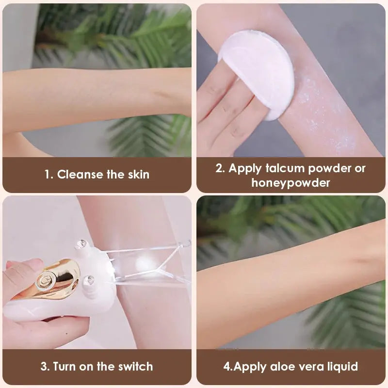 Simples Market electric threading epilator, white and gold, portable facial/body hair remover; four-step usage.