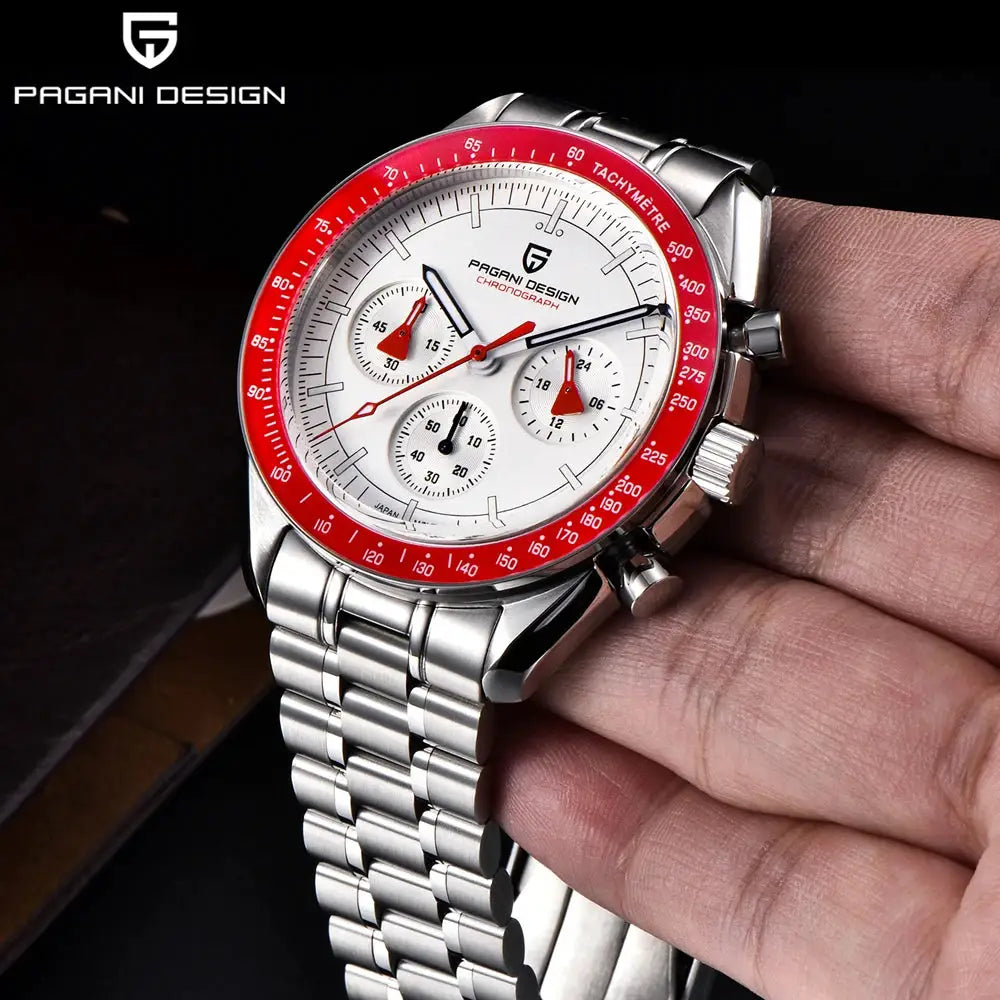 Pagani Design men's retro red chronograph watch with stainless steel bracelet, white dial, red bezel, sapphire crystal