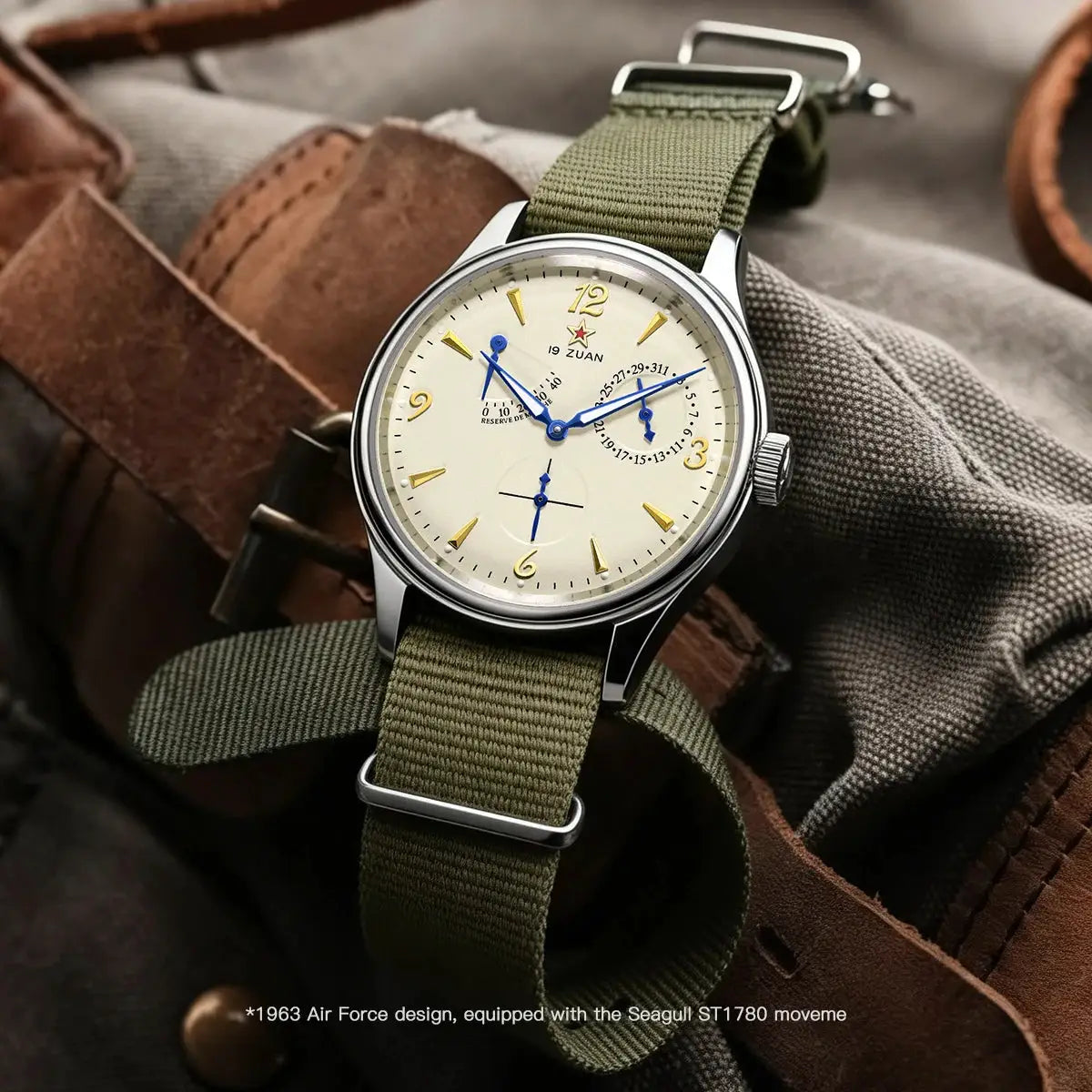 Simples Market 1963 40mm pilot watch with Seagull ST17, cream dial, gold indices, blue hands, olive NATO strap