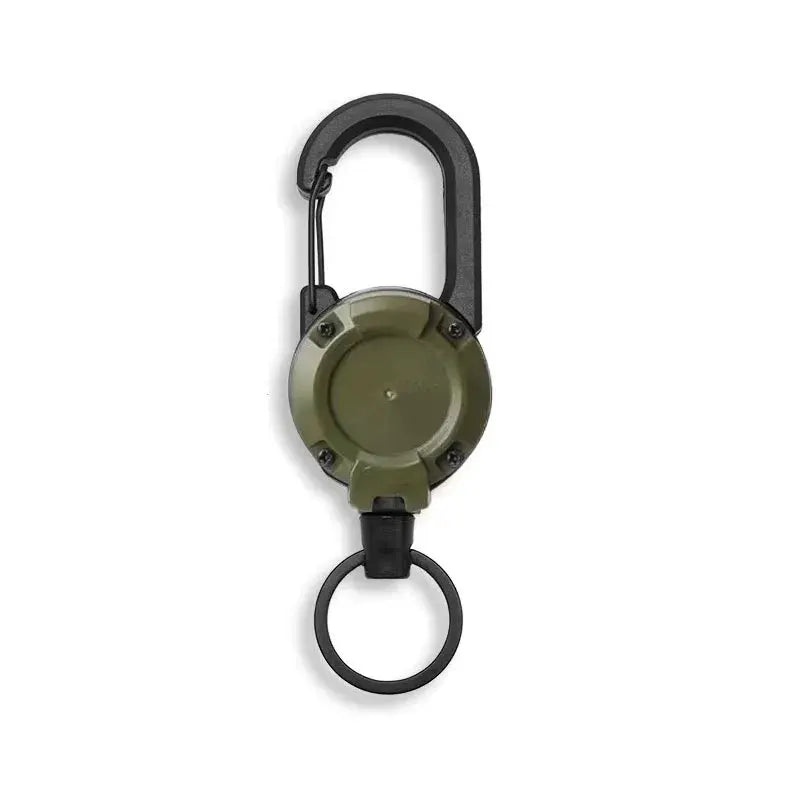 Retractable heavy-duty pull-reel carabiner with olive-green housing, steel wire rope, and bottom key ring.