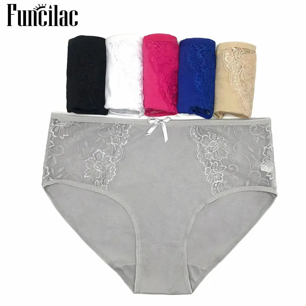 Funclac women's cotton lace-trim briefs, 6-pc set in black, white, pink, blue, beige, and grey