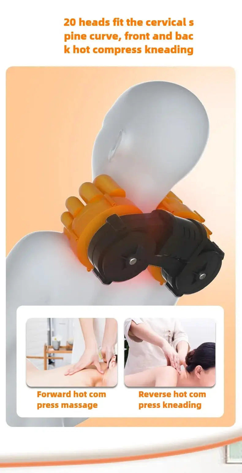 Electric neck and shoulder massage device by Simples Market, orange strap and black kneading motors.