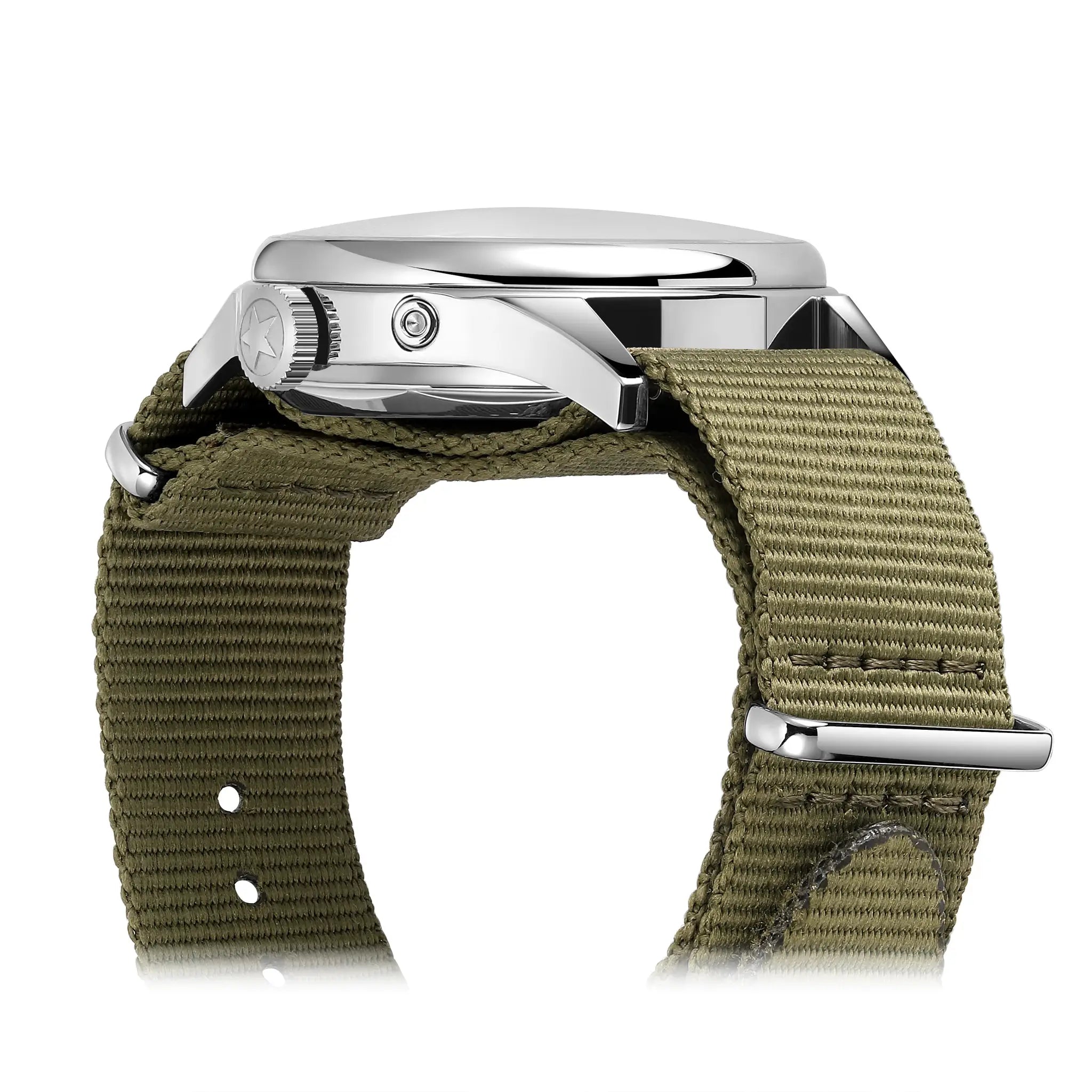 Men's pilot watch, 40mm stainless steel case with olive-green fabric strap, automatic movement