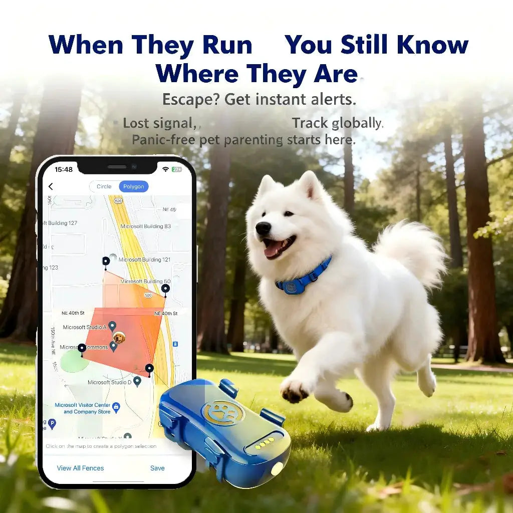 GPS Pet Tracker for dogs and cats by Simples Market; blue device with built-in IoT SIM shown beside a smartphone map.