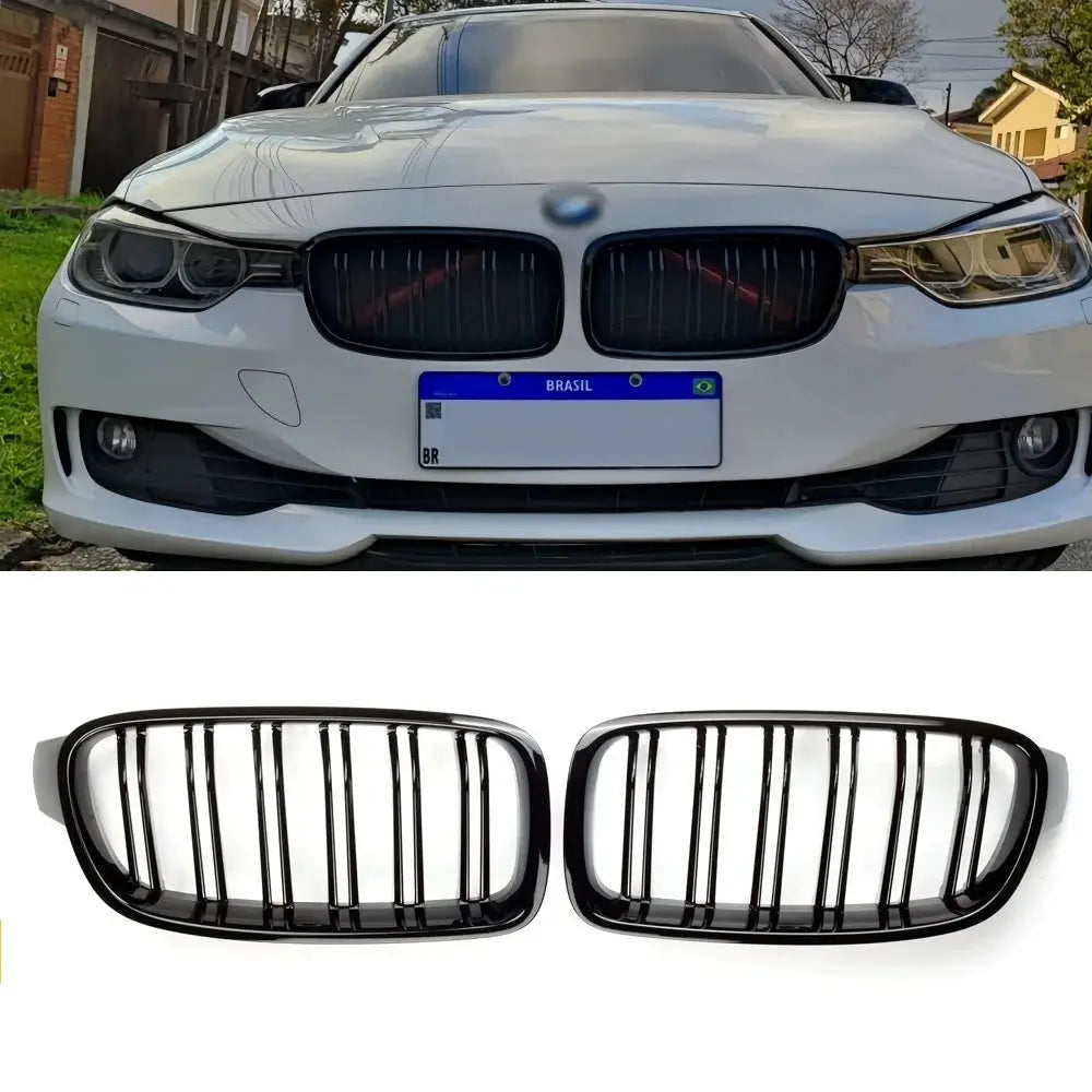 Pair of gloss black kidney grilles for BMW 3 Series F30/F31/F35/F80; fits 2012–2019.