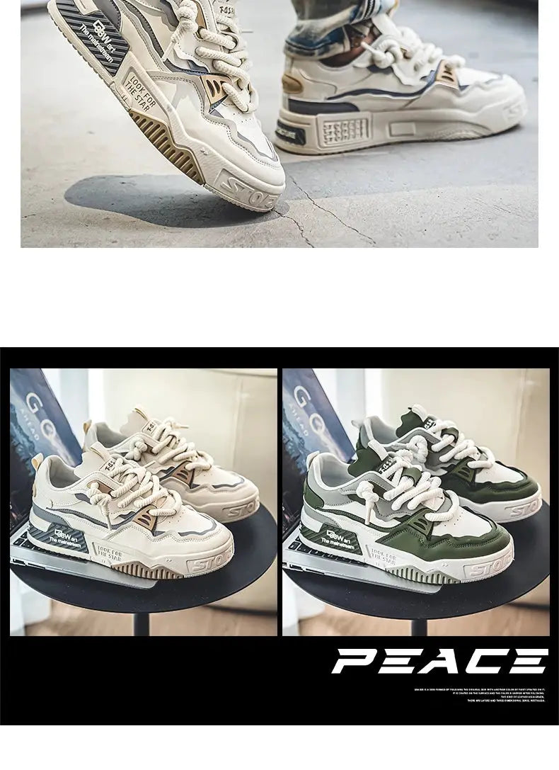 Men's trendy skate shoes; comfy non-slip lace-up sneakers, 3 colorways shown: beige, cream, olive.