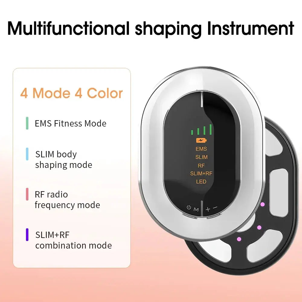 Cordless handheld body slimming massager in silver and black with LED display showing EMS, SLIM, RF, and SLIM+RF modes