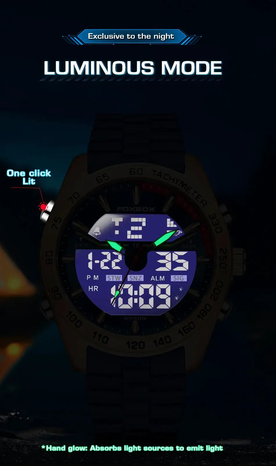 FOXBOX luxury men's digital watch with blue luminous display, gold-tone bezel, and metal bracelet
