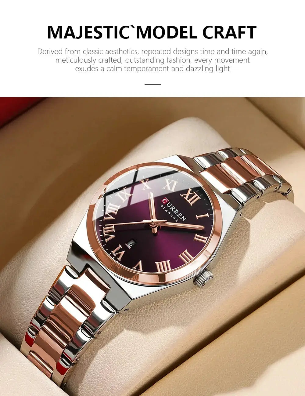 CURREN women's wristwatch with rose-gold bezel, stainless steel bracelet, purple dial, Roman numerals, date window