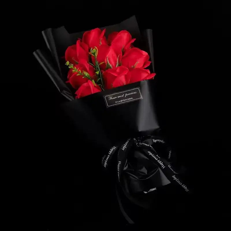 9-head red soap flower rose bouquet in black wrapping with ribbon