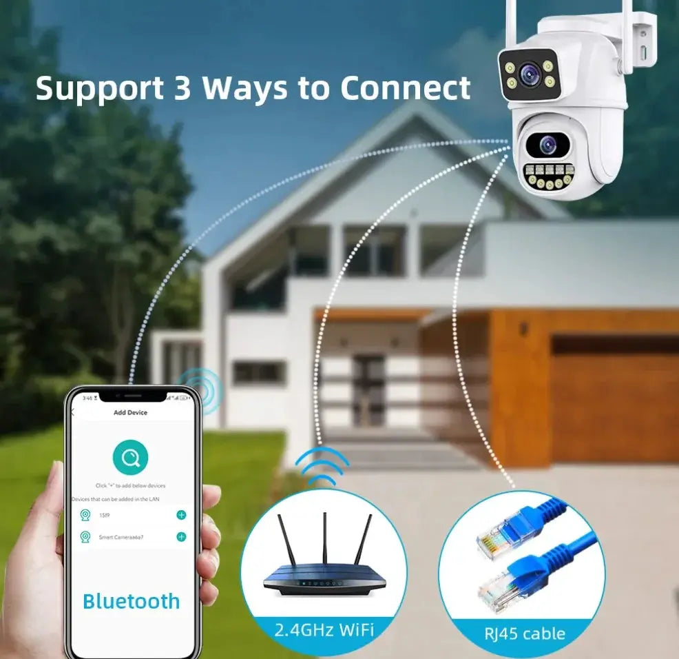 360° No Blind Spot WiFi security camera; outdoor waterproof unit by Simples Market with 2.4GHz WiFi and RJ45.