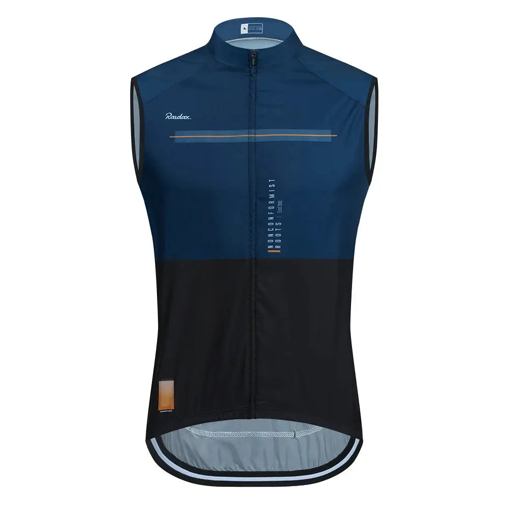 Men's Raudax sleeveless cycling vest in blue and black mesh with front zipper