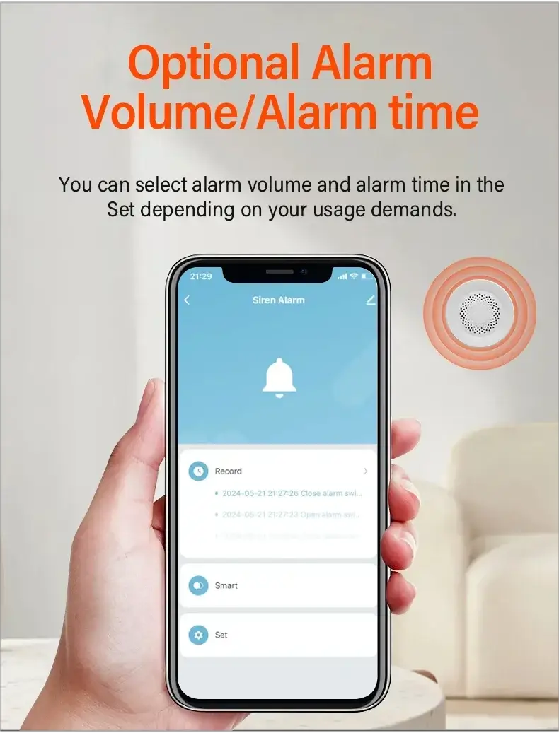 Tuya Zigbee WiFi Smart Siren Alarm with a 100 dB orange circular speaker beside a smartphone showing the Siren Alarm app