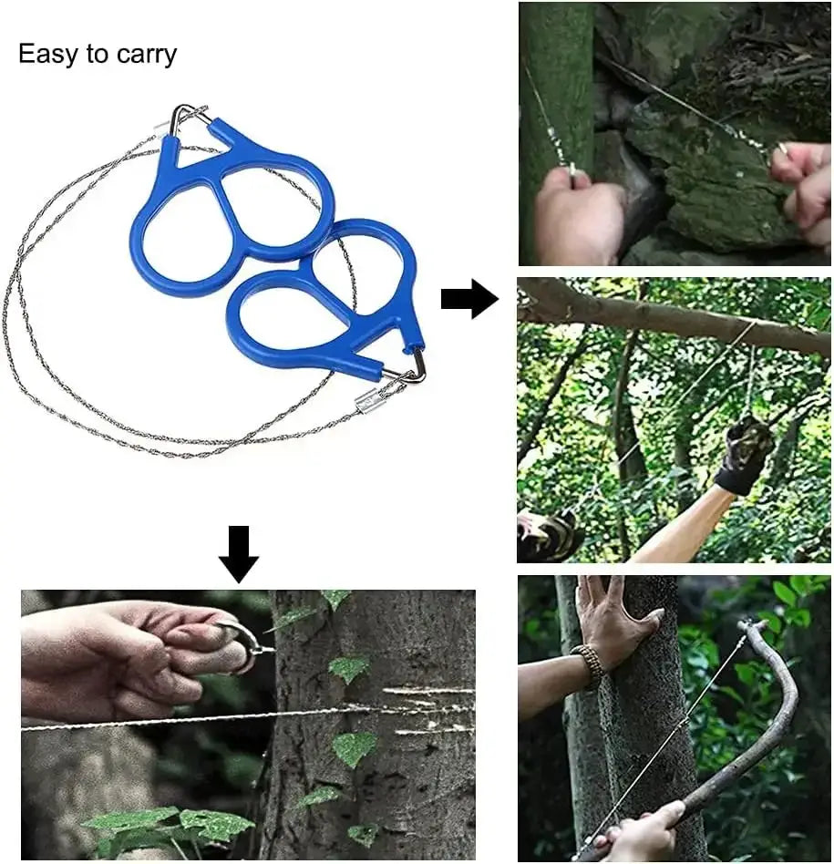 Portable survival chain saw with blue dual-handled frame and wire rope blade for camping, hiking, and emergency use.
