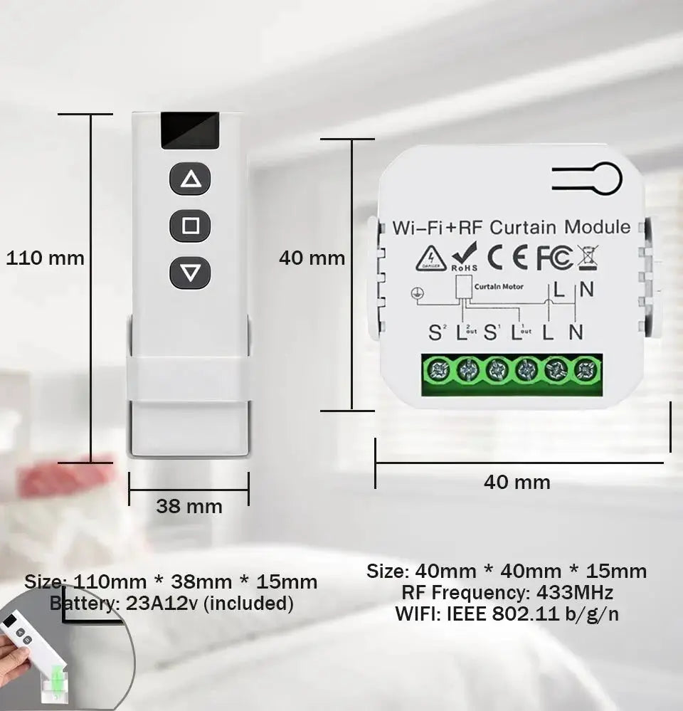 Tuya WiFi smart curtain switch module 2-piece set for roller blinds, white with 433MHz RF remote — Simples Market