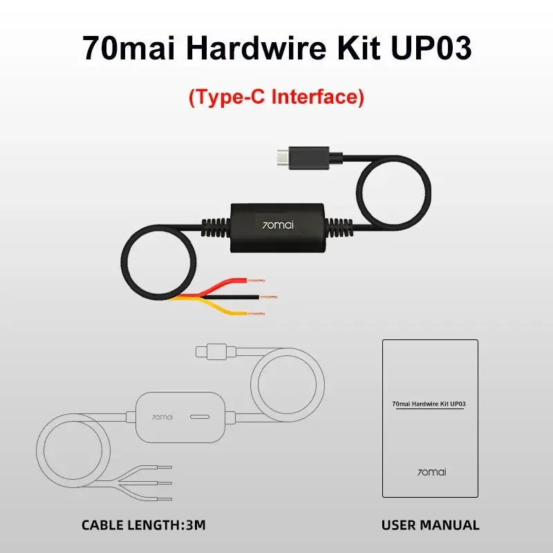 70mai Hardware Kit UP03 Type-C Interface with black power module, 3M cable and red/yellow/black leads, plus user manual