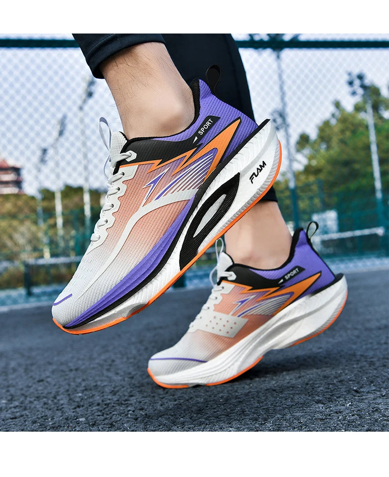 Men's running shoes with air cushion in white, purple, and orange; breathable lightweight sneakers