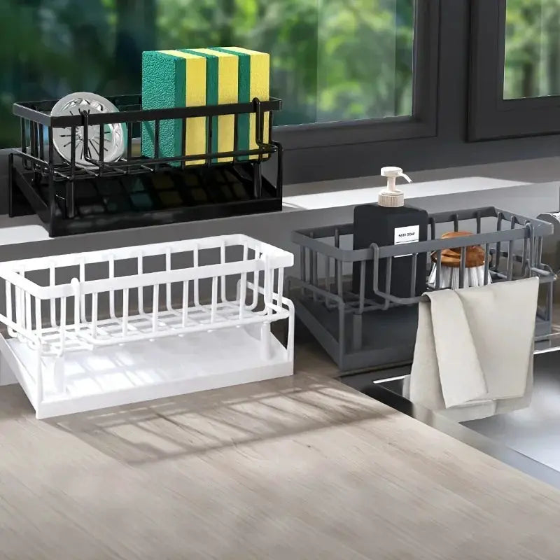 DrillFree Home Sink Organizer Waterproof Multi Use Sponge And Soap Holder Draining Rack For Kitchen Countertop