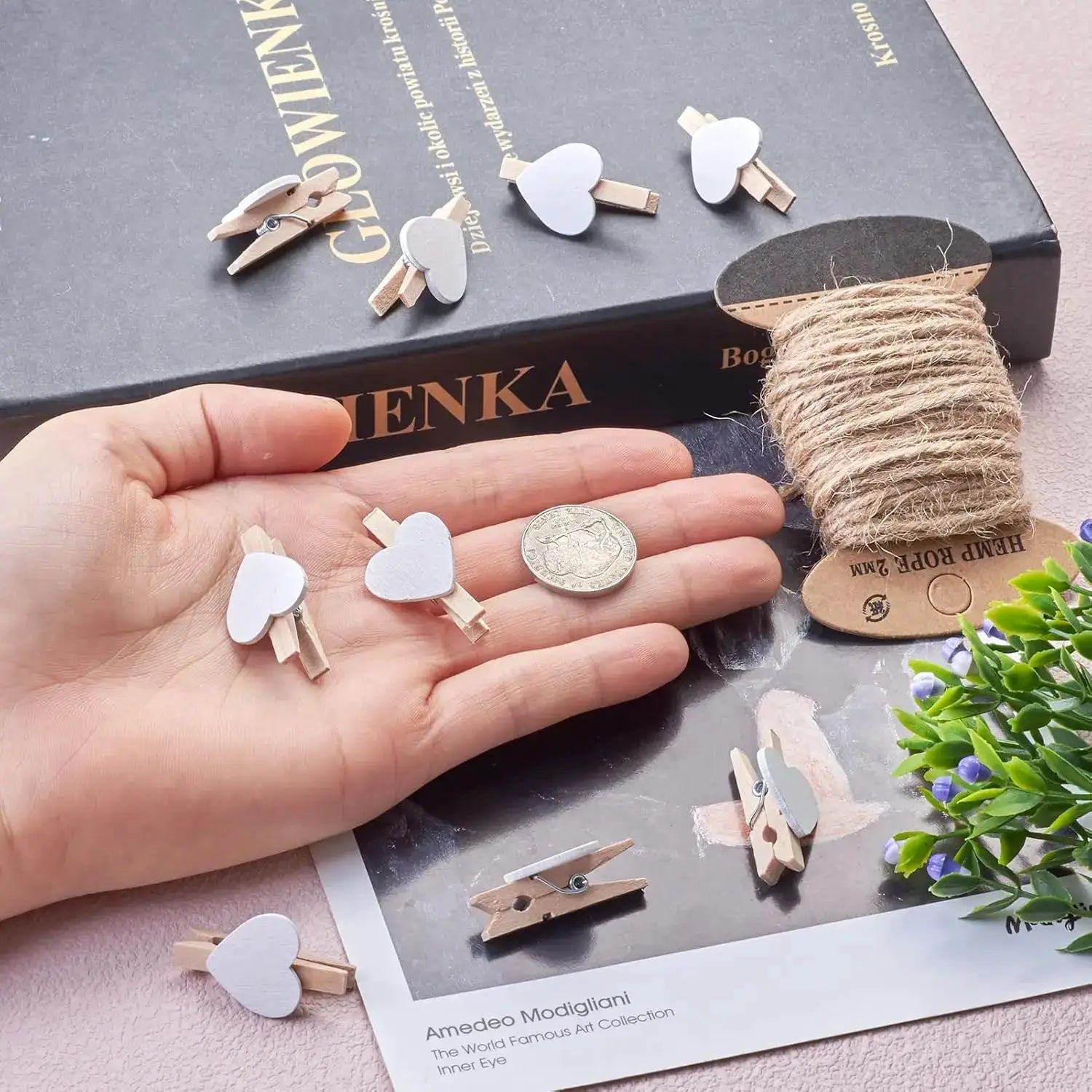50pcs heart-shaped wooden clothespins with white heart toppers for photo display and decor