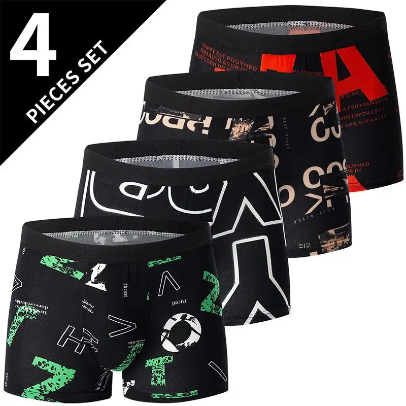 4-piece set of men's printed trunks in black with bold graphic letters; European and US sizes; Simples Market