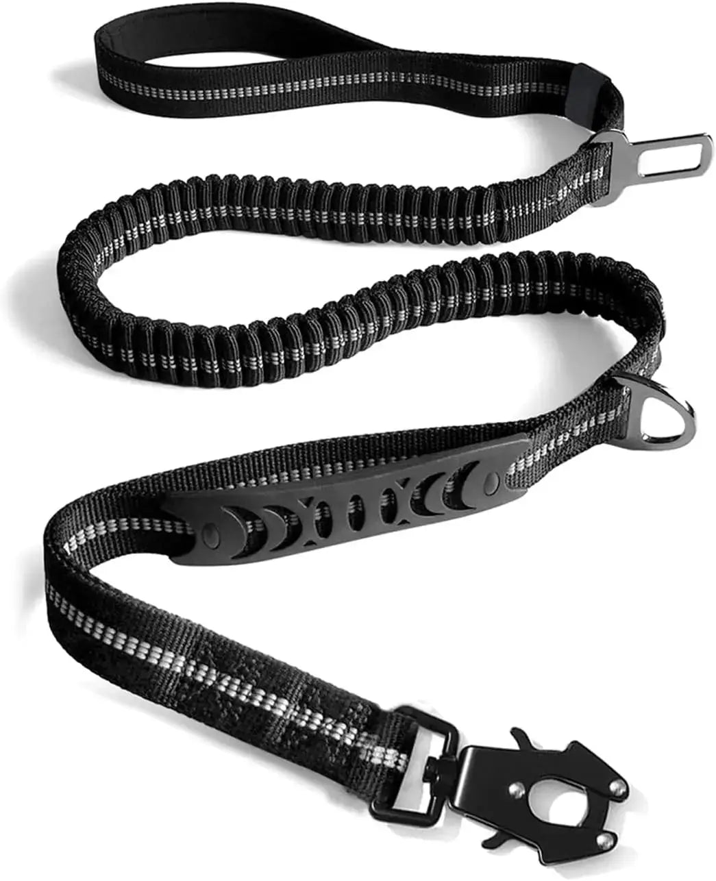 Reflective shock-absorbing dog leash set with car-seatbelt strap and bungee for large dogs, Simples Market, black.