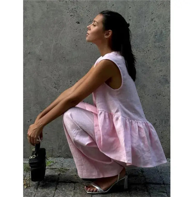 Women Sleeveless V Neck Top Two Piece Summer Set With Straight Pants