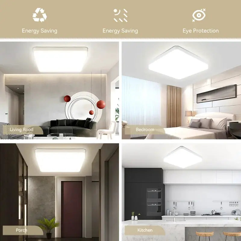 Simples Market square LED ceiling lamp panel in white; shown in four rooms: living room, bedroom, porch, kitchen.